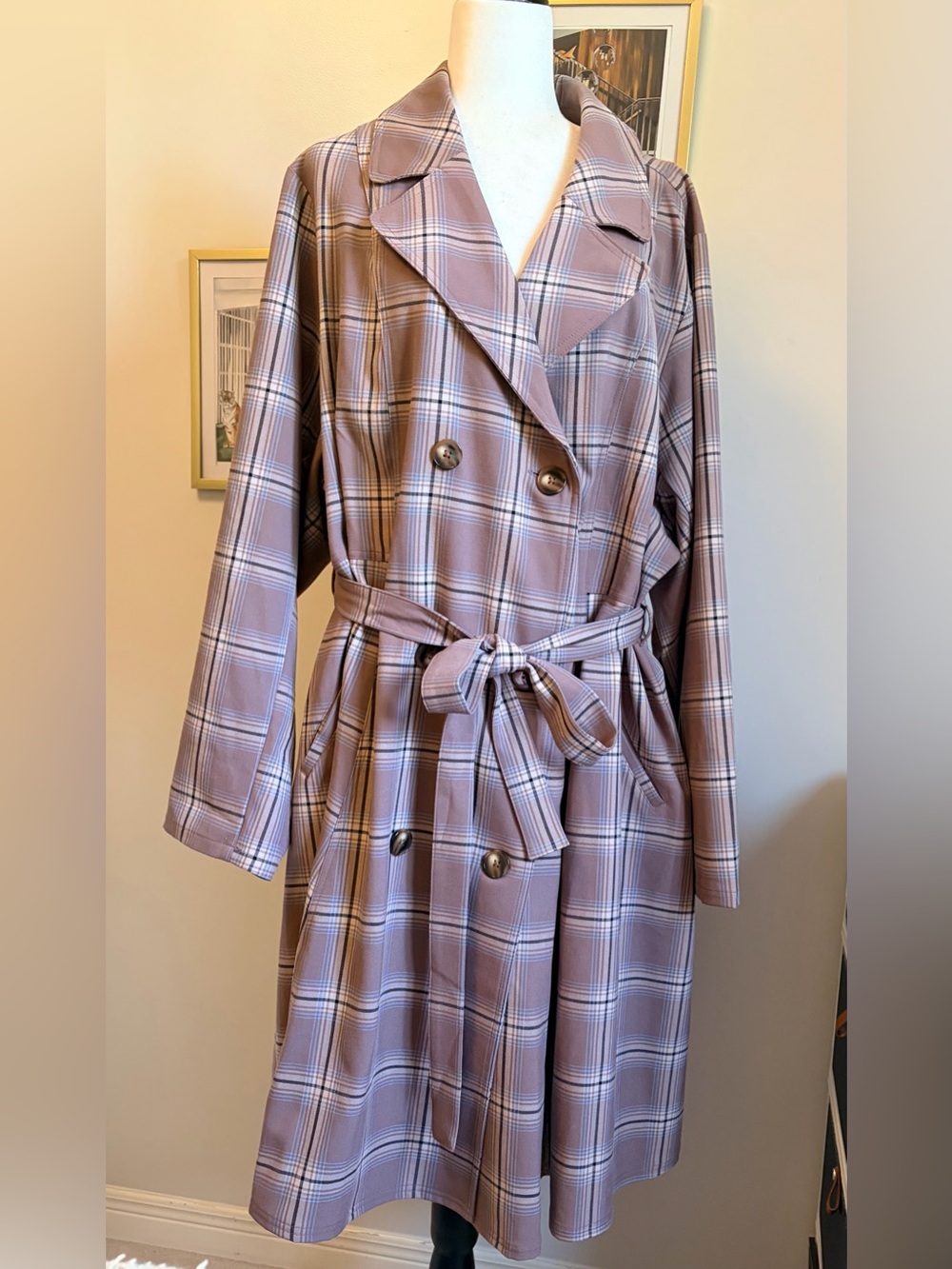 Torrid Dusty Mauve Plaid Belted Trench Coat
